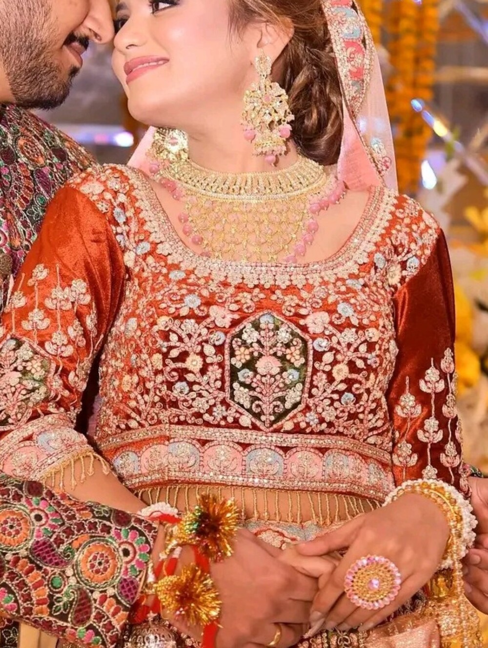 Embroidered Rust Red Bridal Choli with Pink Accents